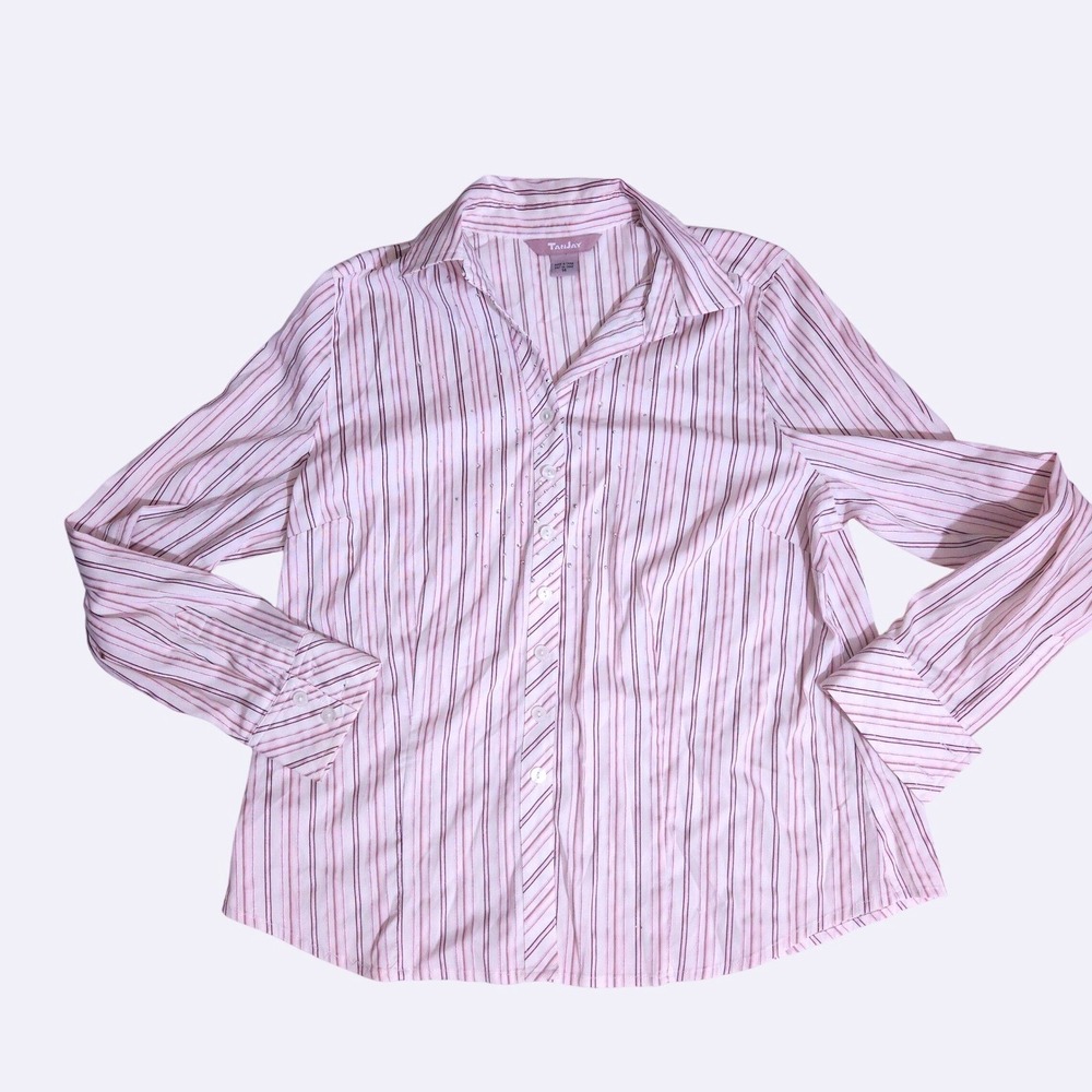 Tanjay Women Striped Rhinestone Button Down Shirt Pink White Long Sleeve Size 14